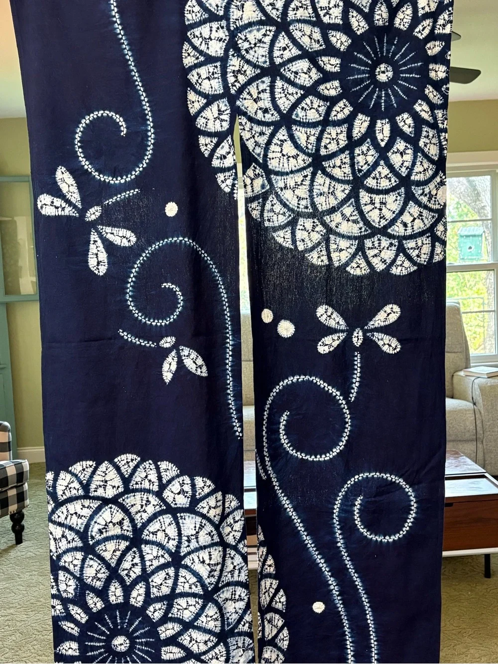 Vtg Japanese indigo shibori Noreen Curtain dragonfly chrysanthemum 59 x 35